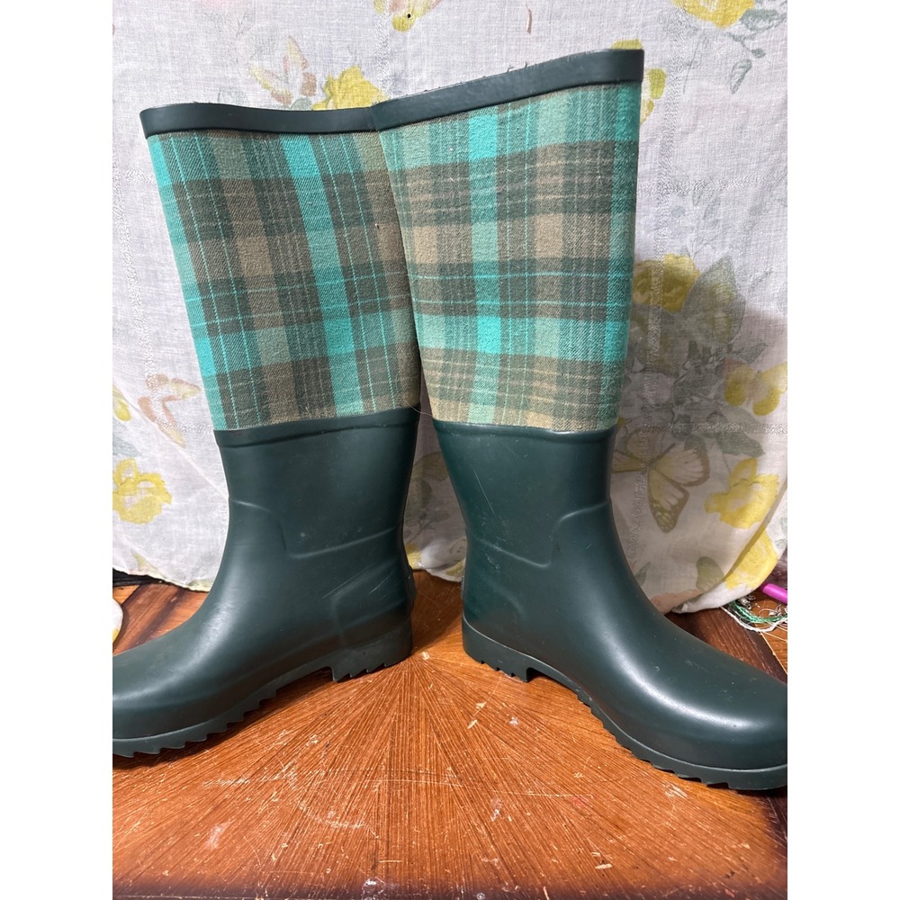 Womens Tall Hunter Green Plaid Rubber Rain Boots Knee High Waterproof Wellies - Picture 8 of 10